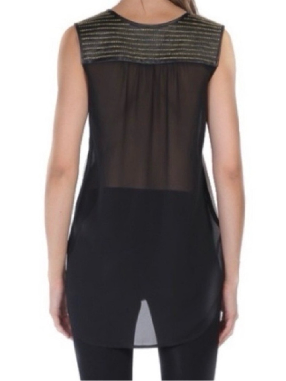 Stella & Jamie Black & White Studded Leather High Low Sleeveless Top, Size Small